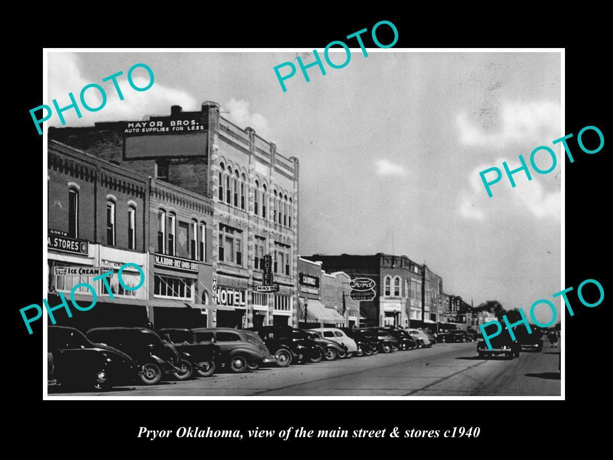 OLD LARGE HISTORIC PHOTO OF PRYOR OKLAHOMA THE MAIN STREET & STORES c1940