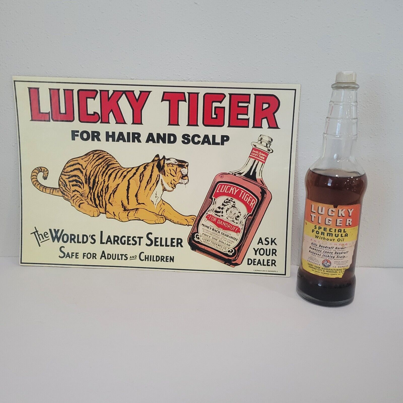 Vintage Lucky Tiger Special Formula Cardboard 14 x 10 in Sign and Bottle