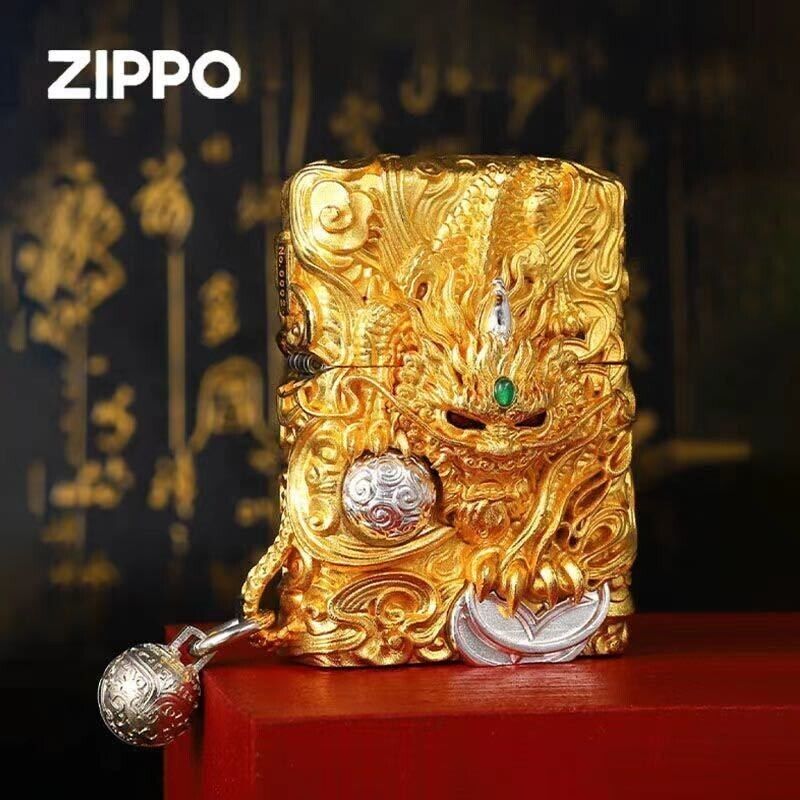 New Zippo oil Lighter Gold dragon with box