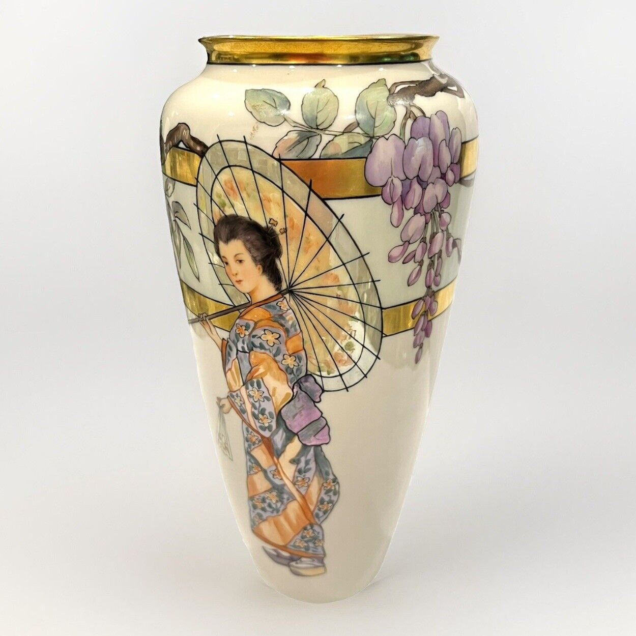 Vintage Lenox Belleek Porcelain Vase, Lustre Gilded Art Nouveau Geisha Theme