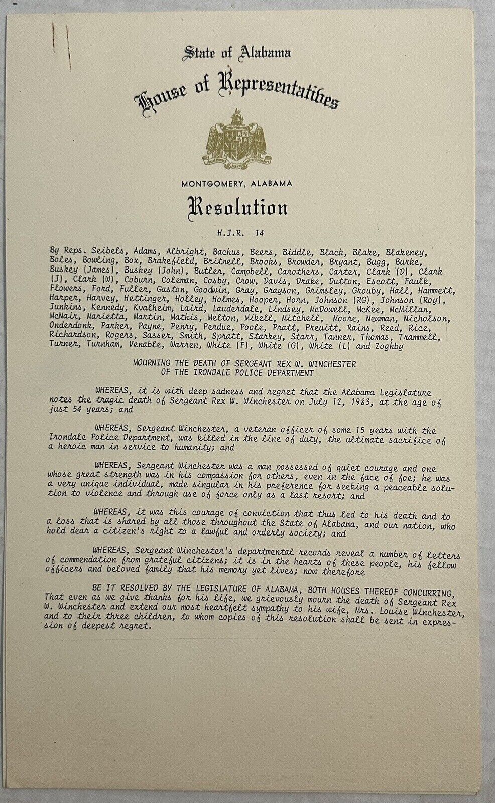 1983 George Wallace Signed Resolution 14 Alabama - Death of Officer Winchester