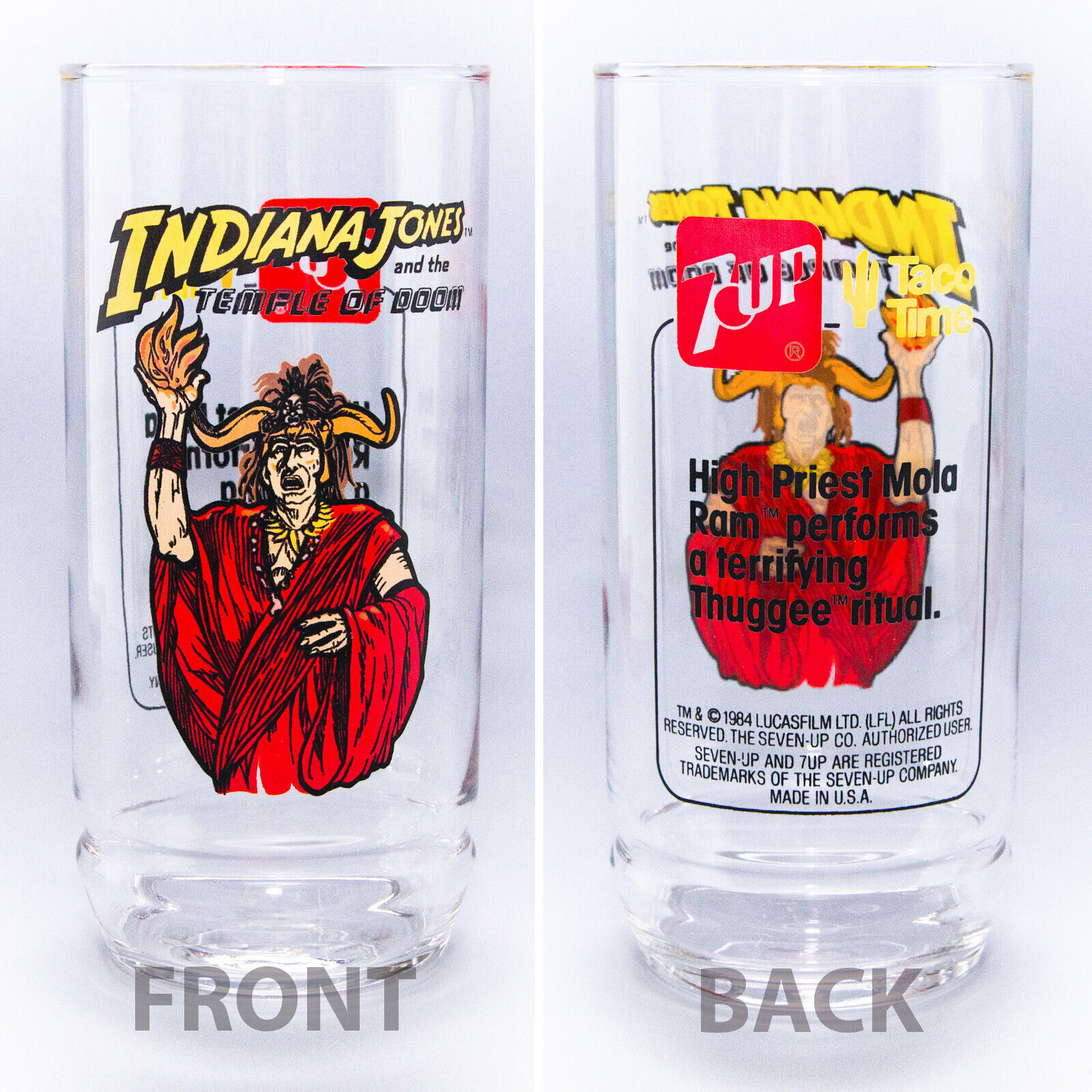 Vtg 1984 Indiana Jones Temple Of Doom MOLA RAM Promo Drink Glass | 7Up Taco Time