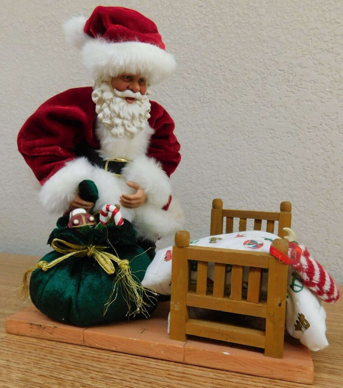 Vintage Santa Claus With Toy Bag Watching Over Little Kid In Bed Figurine