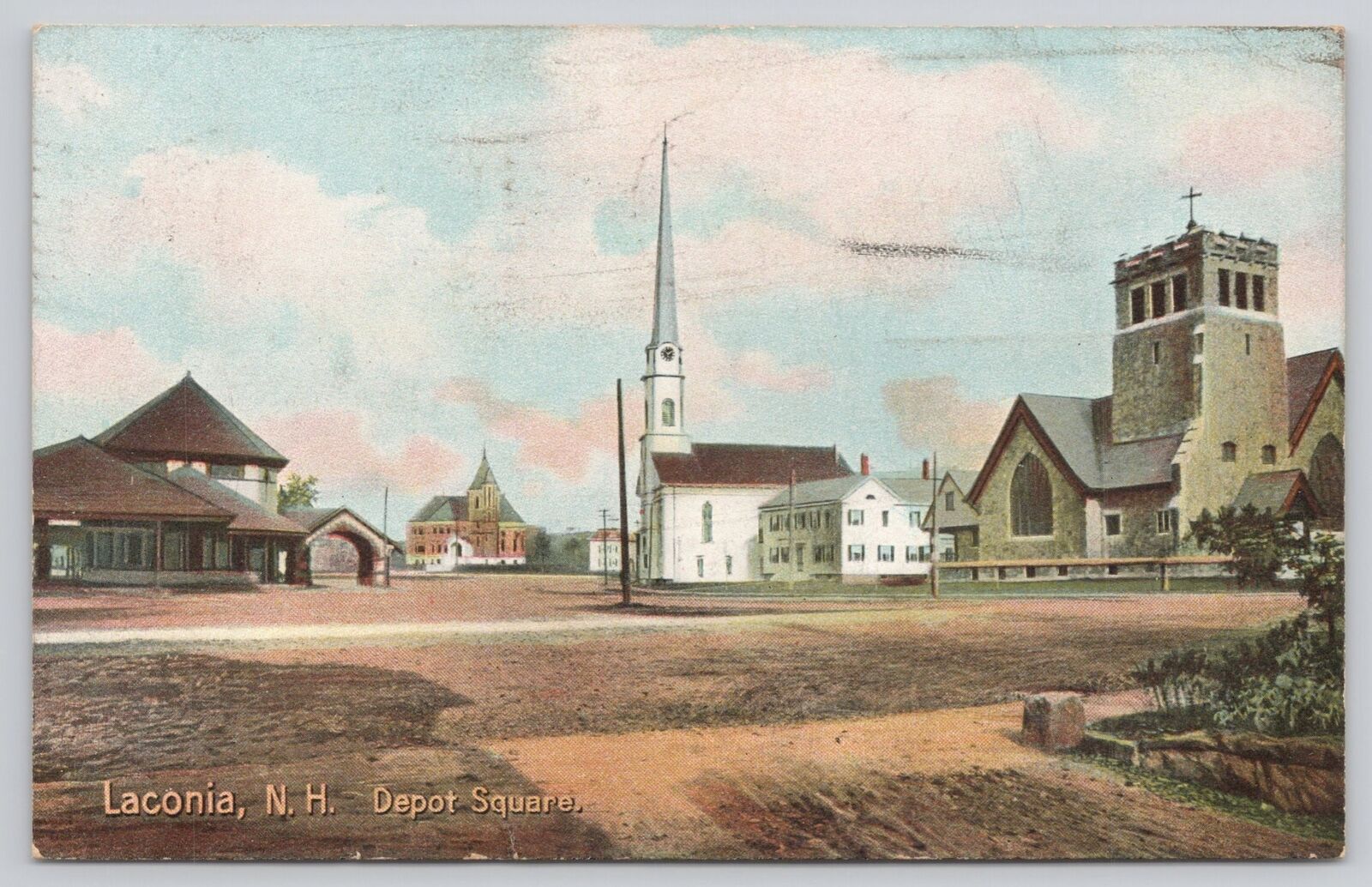 Postcard Depot Square Laconia New Hampshire Churches Street View ca.1908