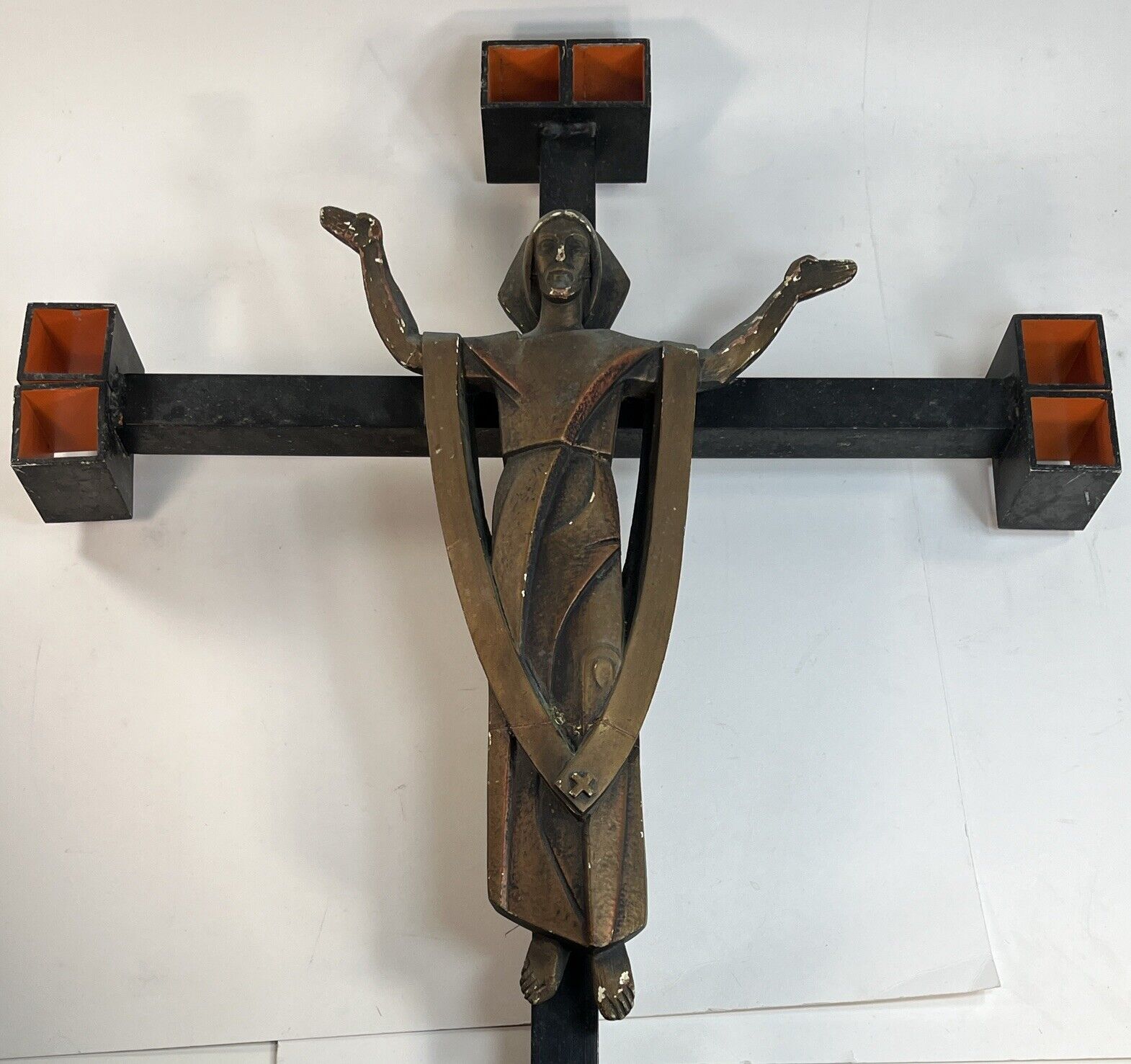 VINTAGE CHURCH ALTAR Or STEEPLE CRUCIFIX 23” Wood & Metal 1930s RARE Gaudy Jesus