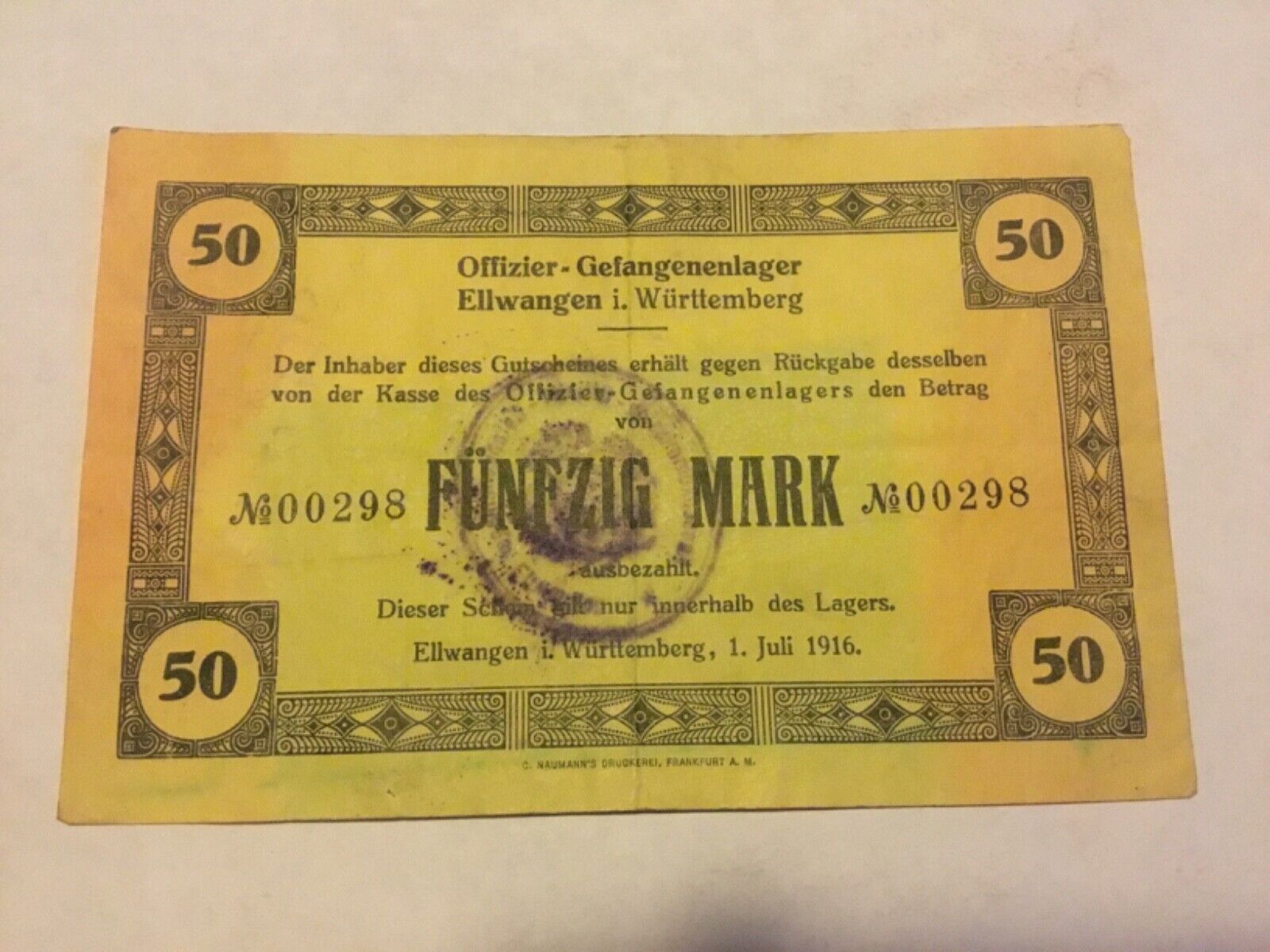 XXX RARE POW WW1 1916 Germany Banknote 50 MARK OFFICER CAMP 