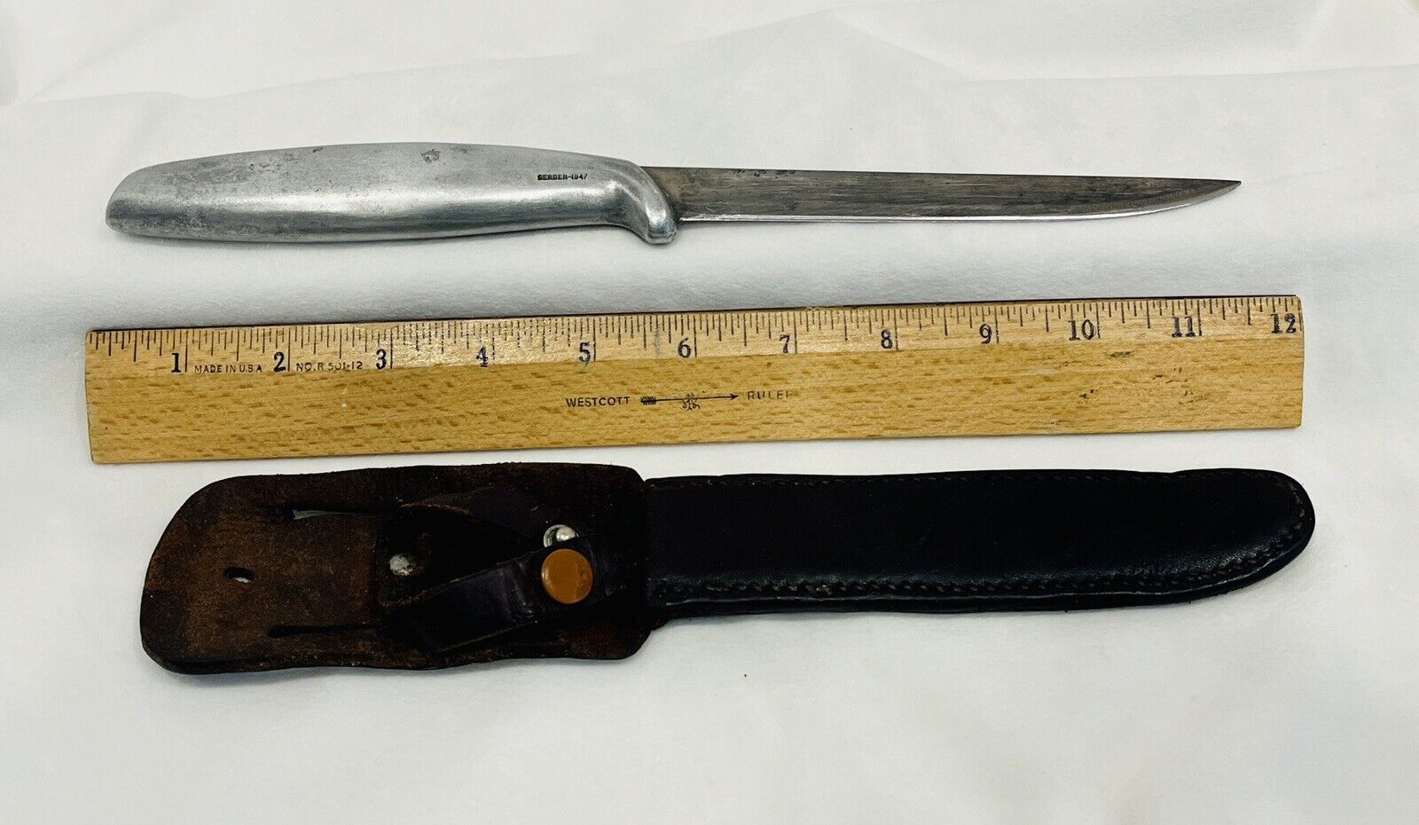 Rare Vintage Gerber 1947 Joyeuse Knife ~6in Straight Blade Metal Handle & Sheath