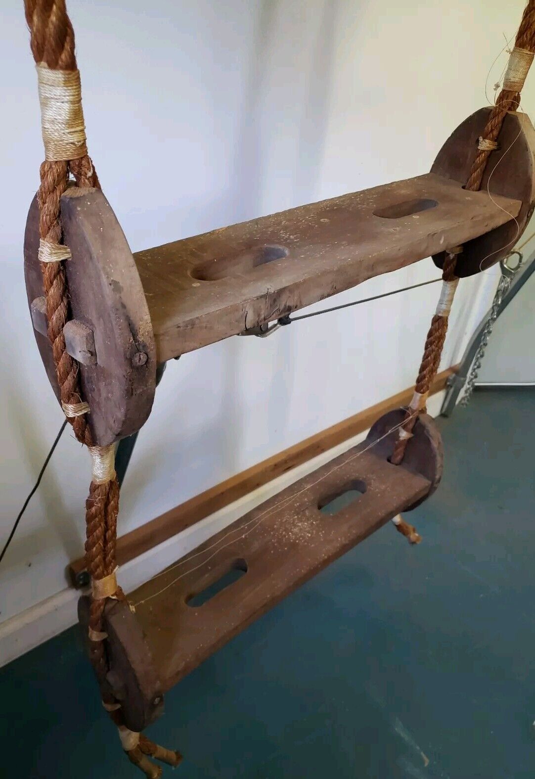 Hanging Shelf--Repurposed Vtg/Antique Rope/Wood Boat Ladder- Nautical Ship Decor