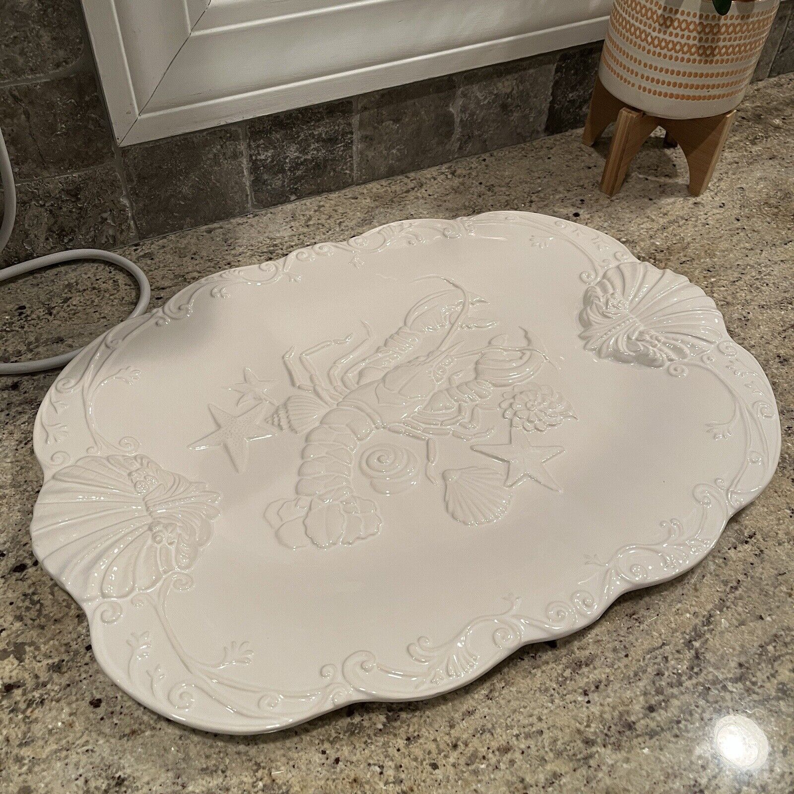 Serving Tray Large White Oval Lobster Seafood Carved Porcelain Made In Portugal
