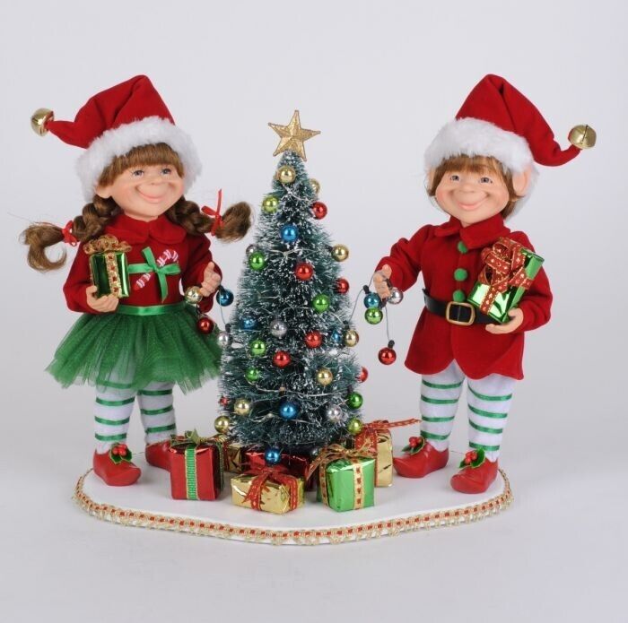 Karen Didion Originals 2 Piece Lighted Tree Trimming Elf Set New