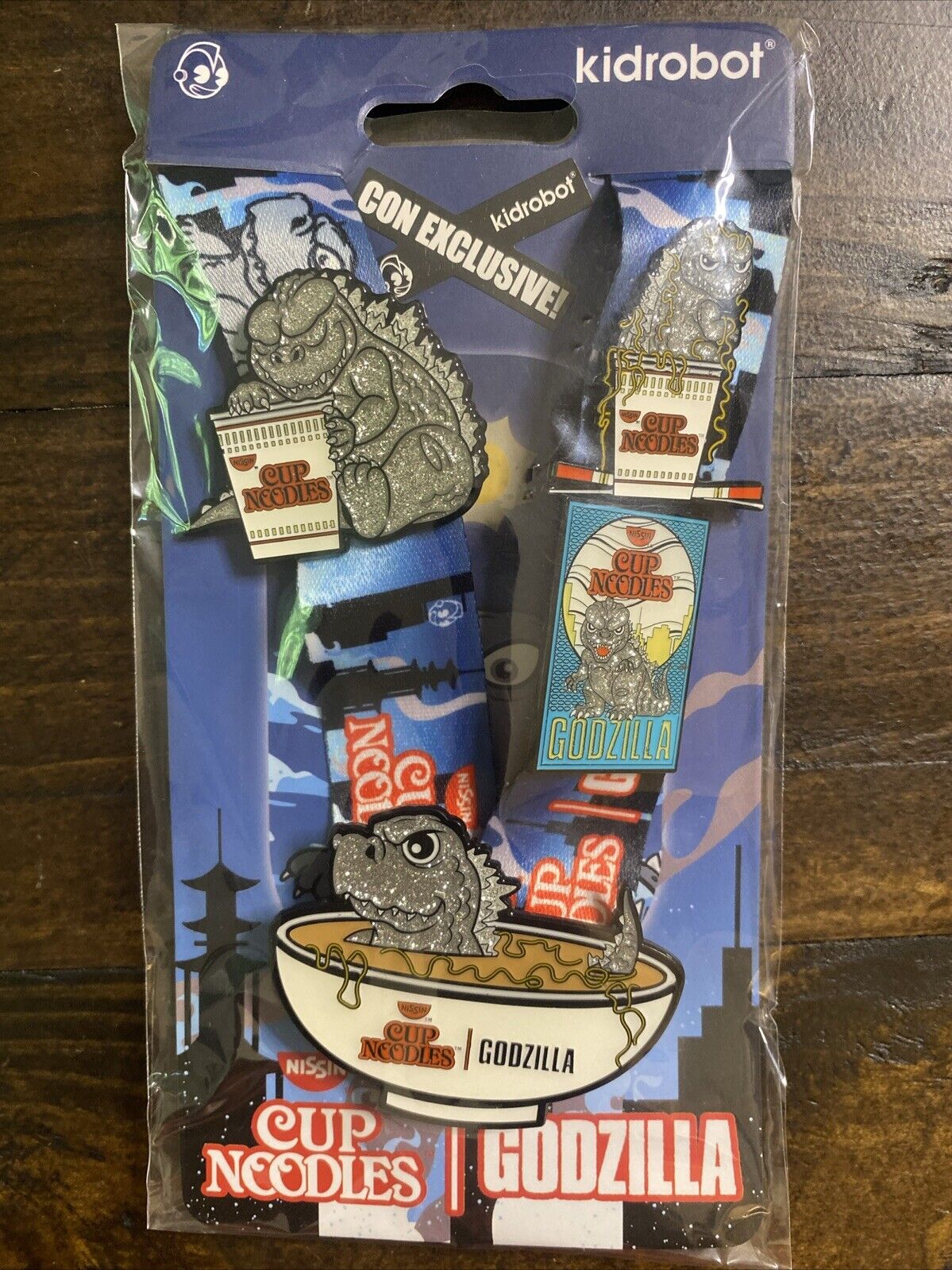 KID ROBOT GODZILLA x NISSIN CUP NOODLES NYCC 2022 EXCLUSIVE PIN SET WITH LANYARD