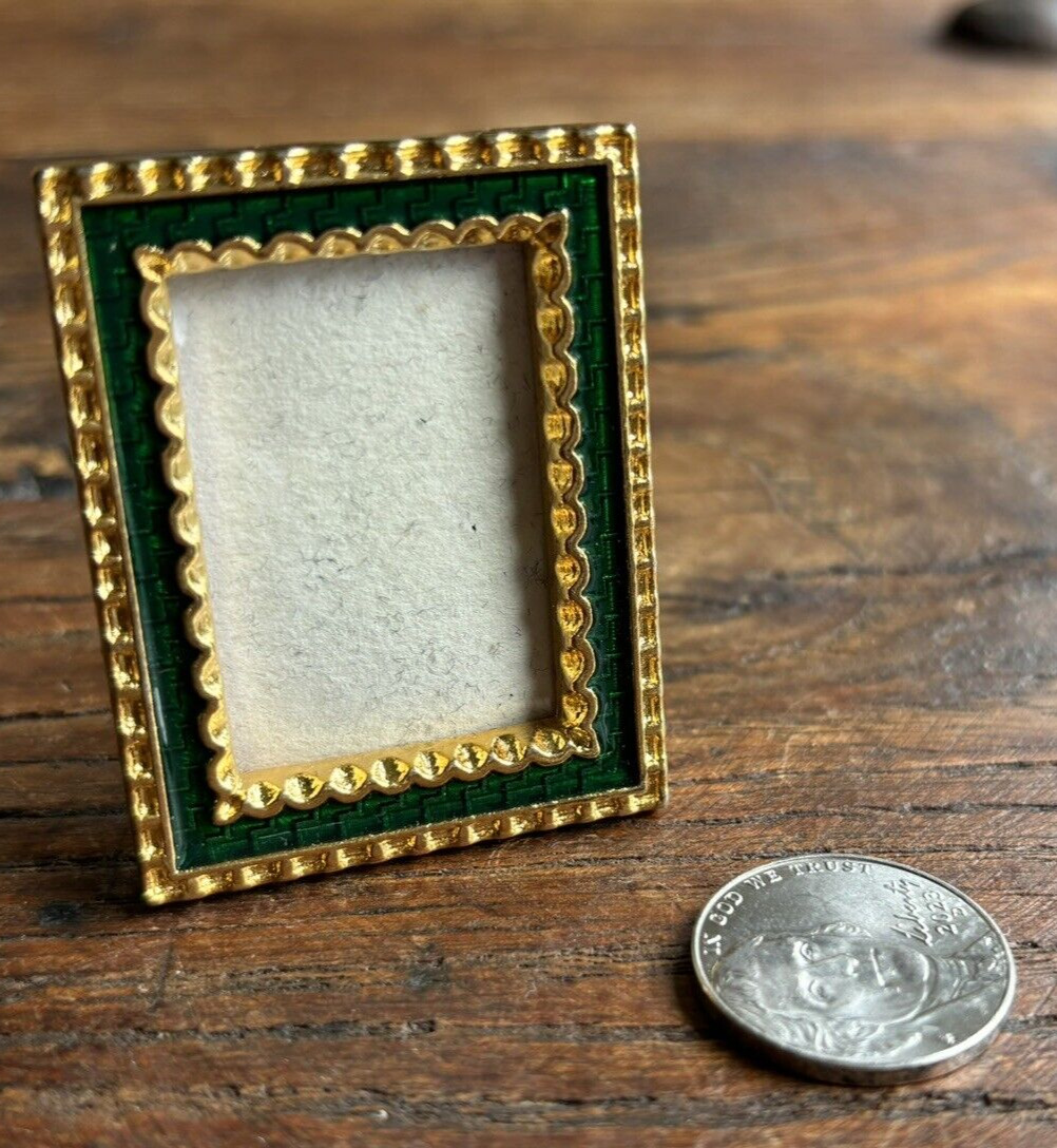 Vintage Miniature Picture Frame Green and Gold Brass 2” x 1.5
