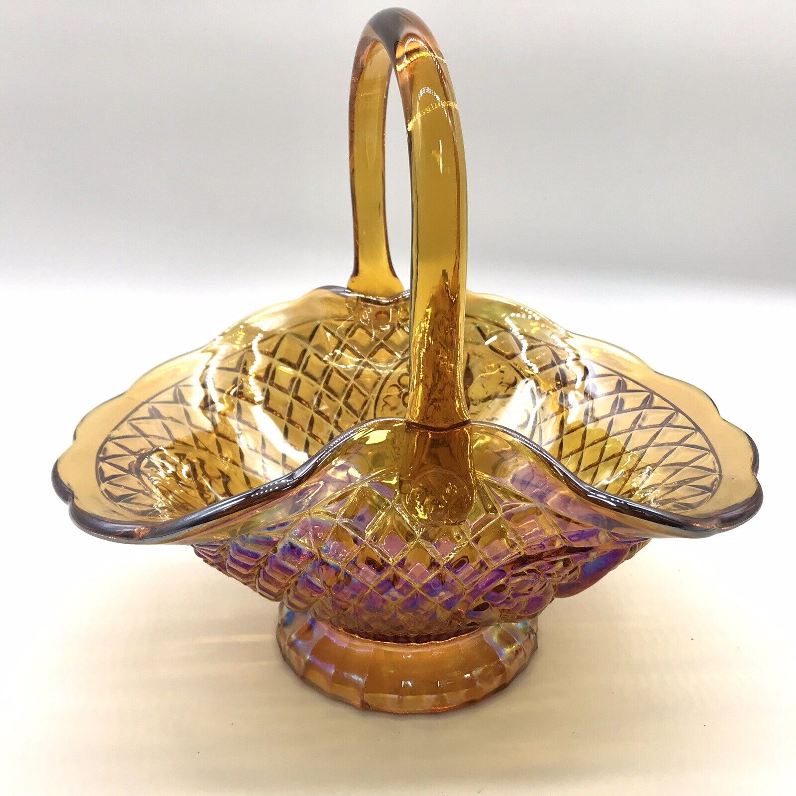 VTG Indiana Canterbury Basket Iridescent Marigold Carnival Glass Diamond Pattern