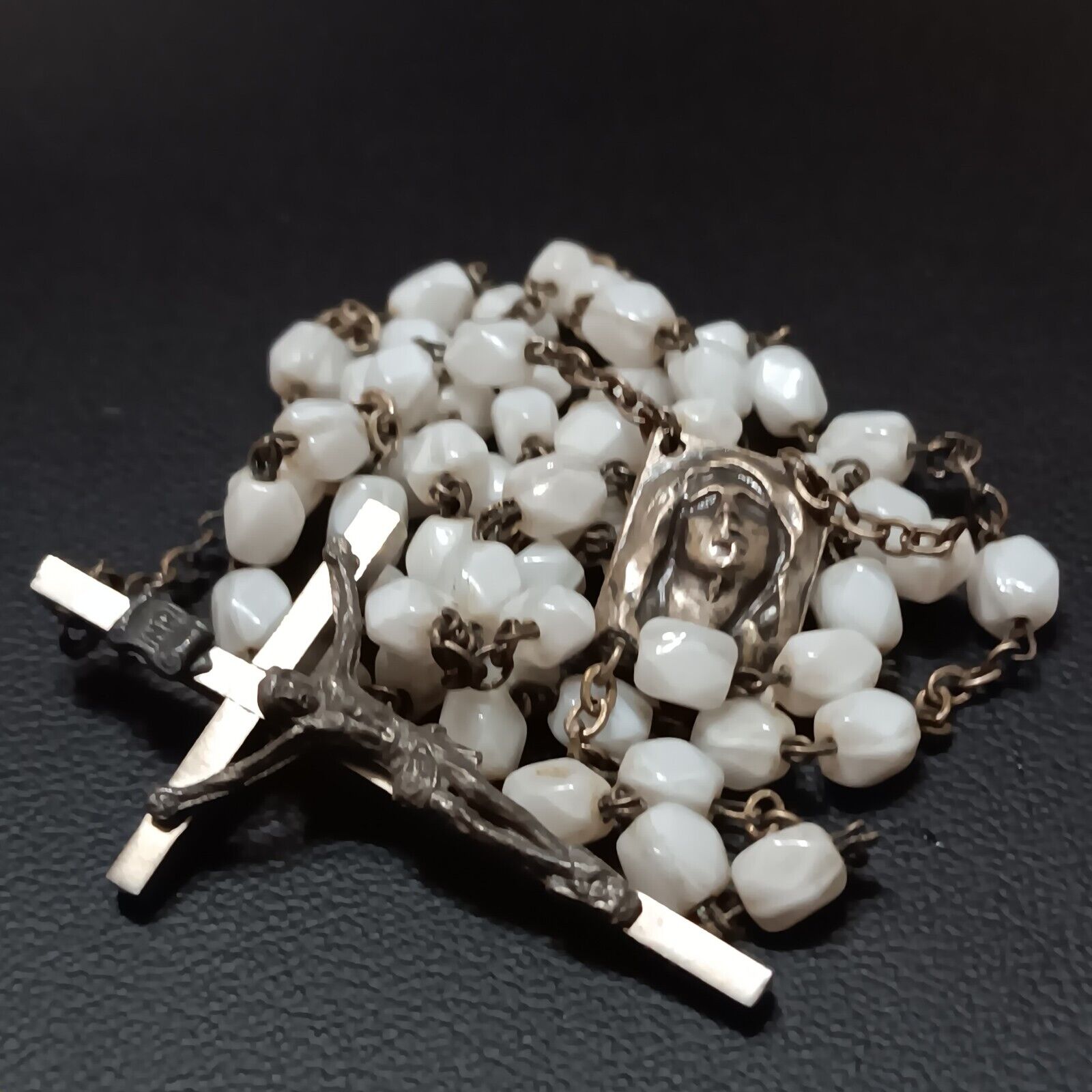 VTG Rosary Diamond Facet White Opal Glass Bead El Greco Mary Sacred Heart Silver
