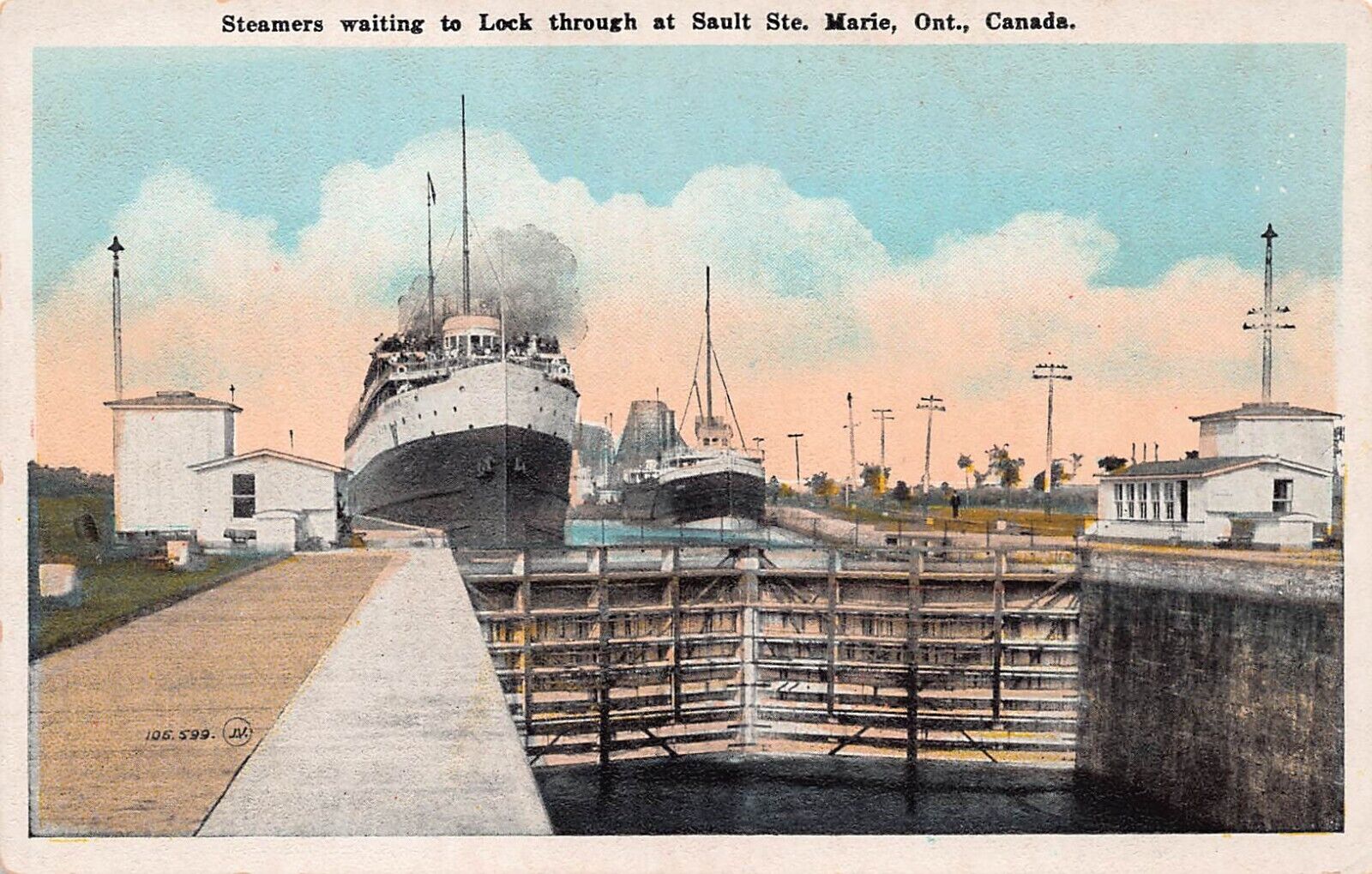 Ship Steamer Harbor Sault Ste Marie Soo Locks Ontario Canal Vtg Postcard C5