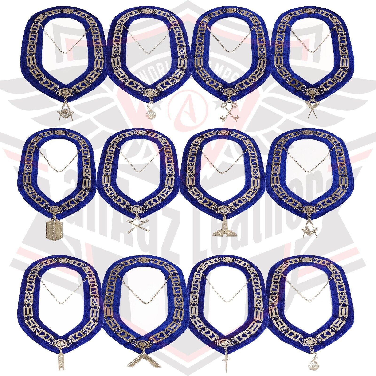 Masonic Silver Blue Lodge Chain Collar With Silver Jewels Blue Backing Set Of 12