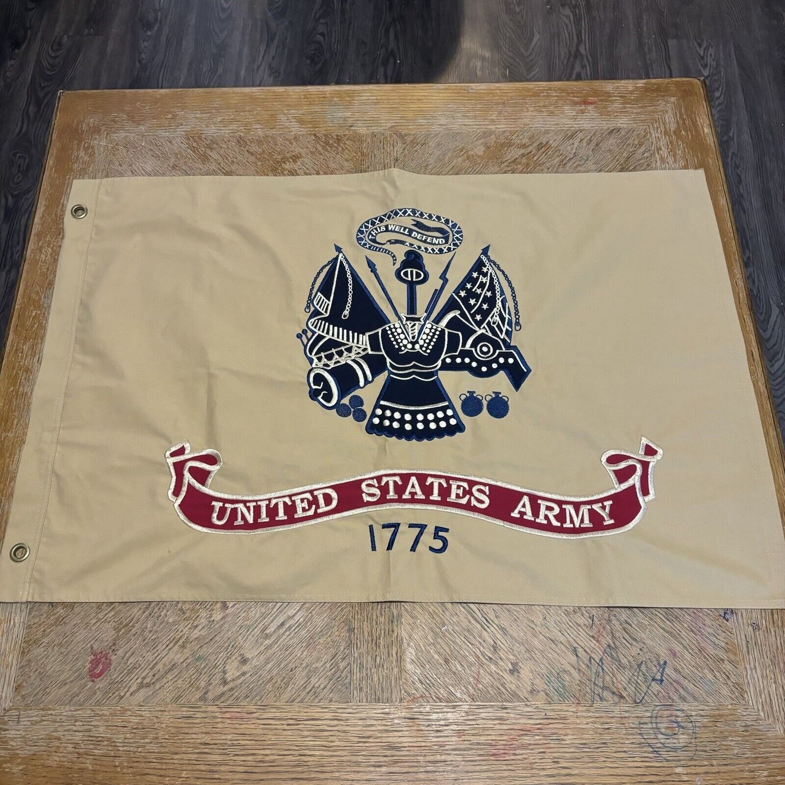 Vintage Embroidered US Army Emblem One Sided 100% Cotton Tan Flag 24” X 35”
