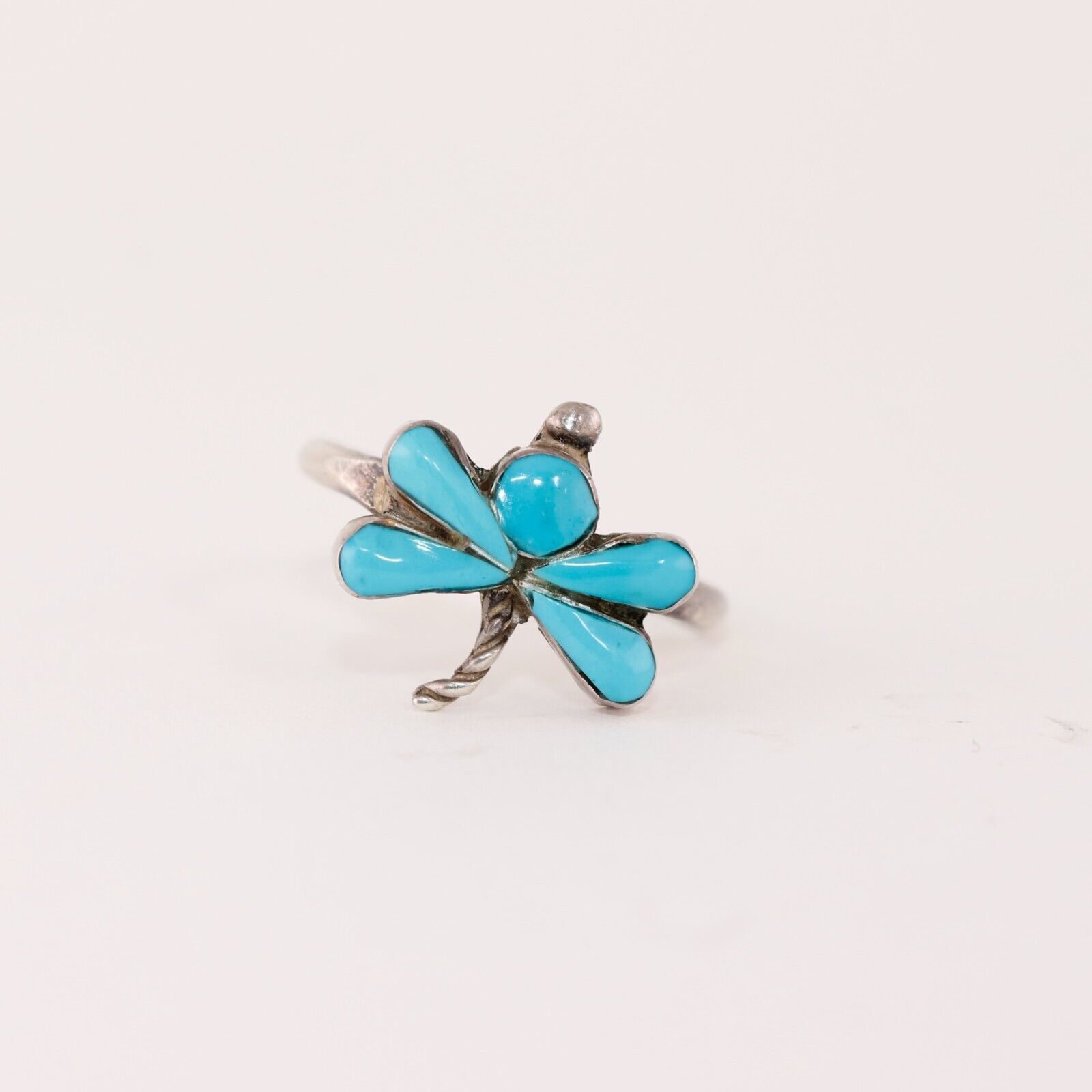 OLD PAWN STERLING SILVER TURQUOISE INLAY DRAGONFLY RING 8