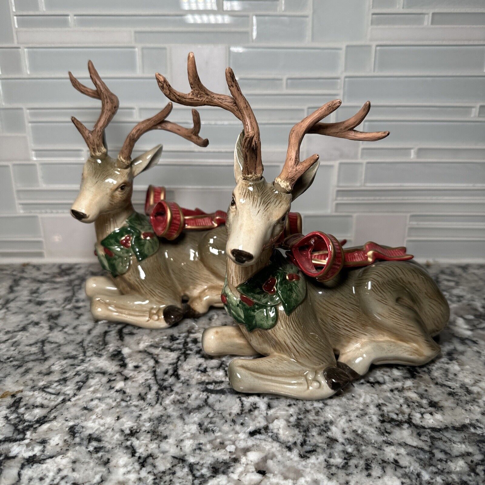 Fitz & Floyd 1994 Holiday Leaves Reindeer Candle Holders (Set of 2)