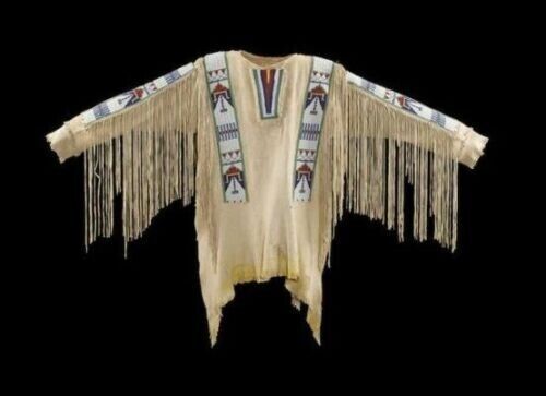 Old Style Beige Buckskin Suede Hide Fringes Beaded Powwow War Shirt NHS13