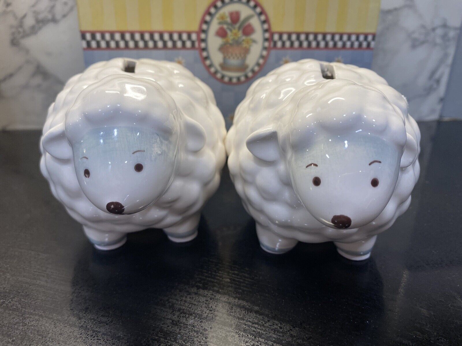 Child To Cherish Lamb / Sheep Baby Bank Set Of 2 New W/o Tags White/Blue Accent
