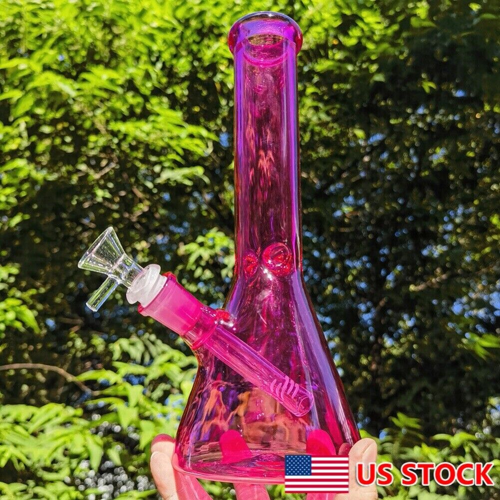 10 inch Glass Bong Hookah Pink Smoking Water Pipe Shisha Bubbler w/ Glass Bowl