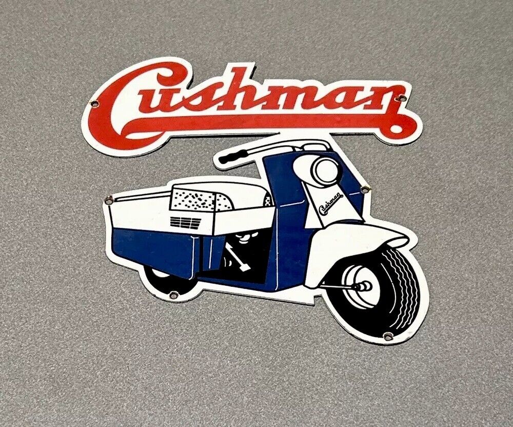 VINTAGE 12” CUSHMAN SCOOTER MOTORCYCLE PORCELAIN SIGN CAR GAS AUTO TRUCK