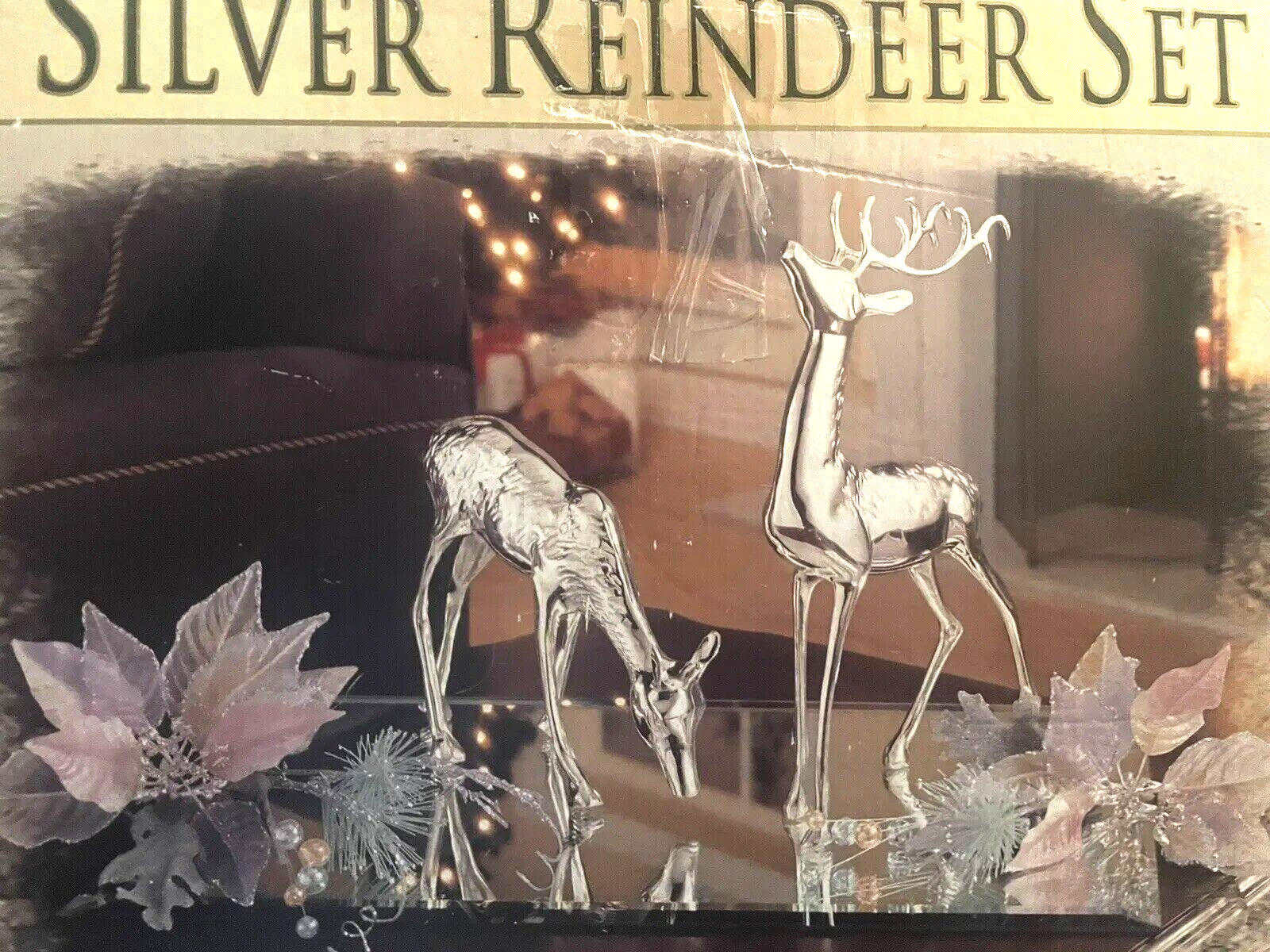 2001  Grandeur Noel Collector's Edition Silver Reindeer Set On Mirrored Base NOS