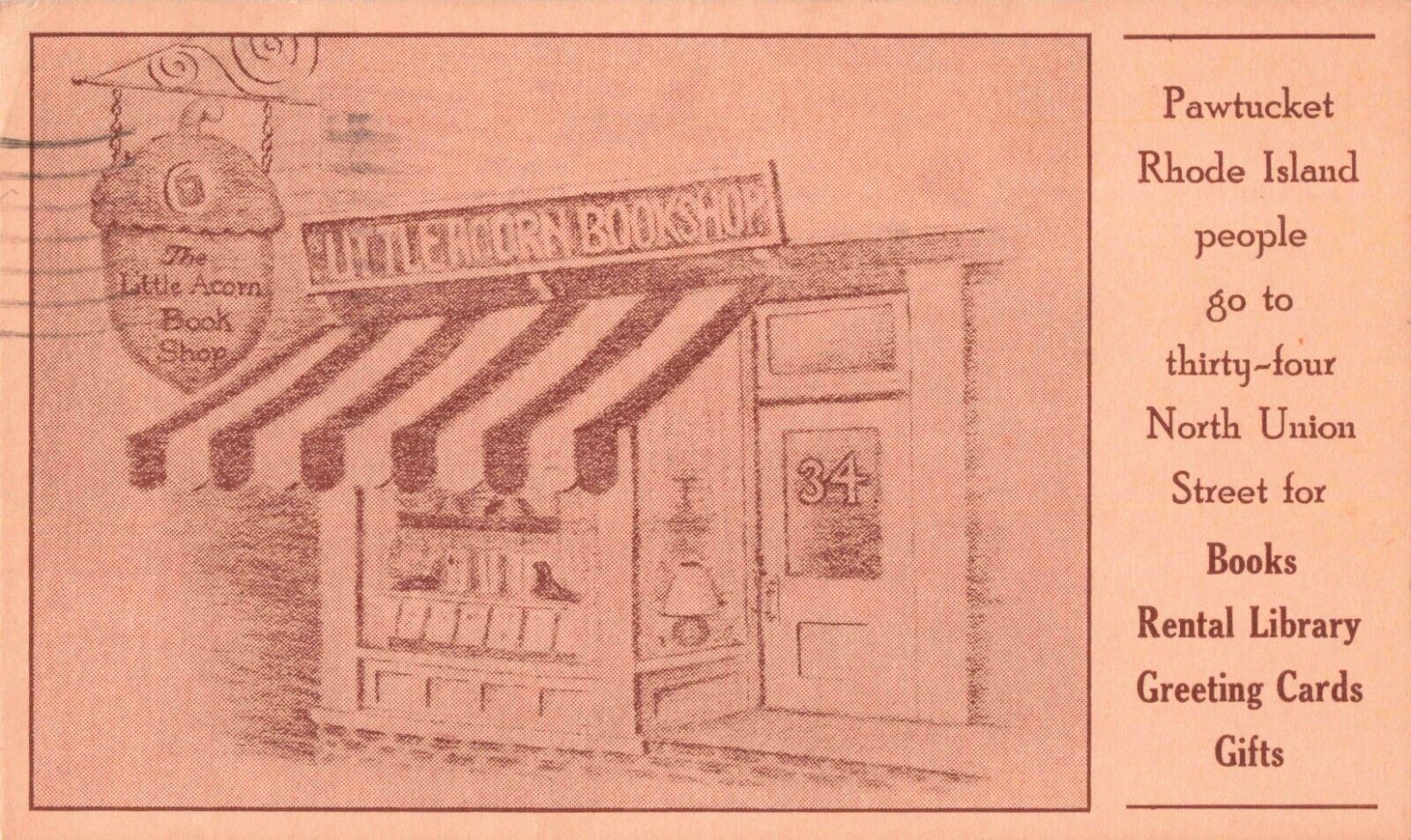 The Little Acorn Book Shop Pawtucket Rhode Island RI 1938 Postcard