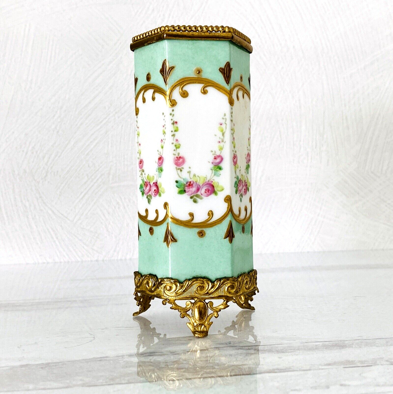 Antique French Porcelain Sevres Ormulu Soliflore Vase Open Work Base Signed 5.25
