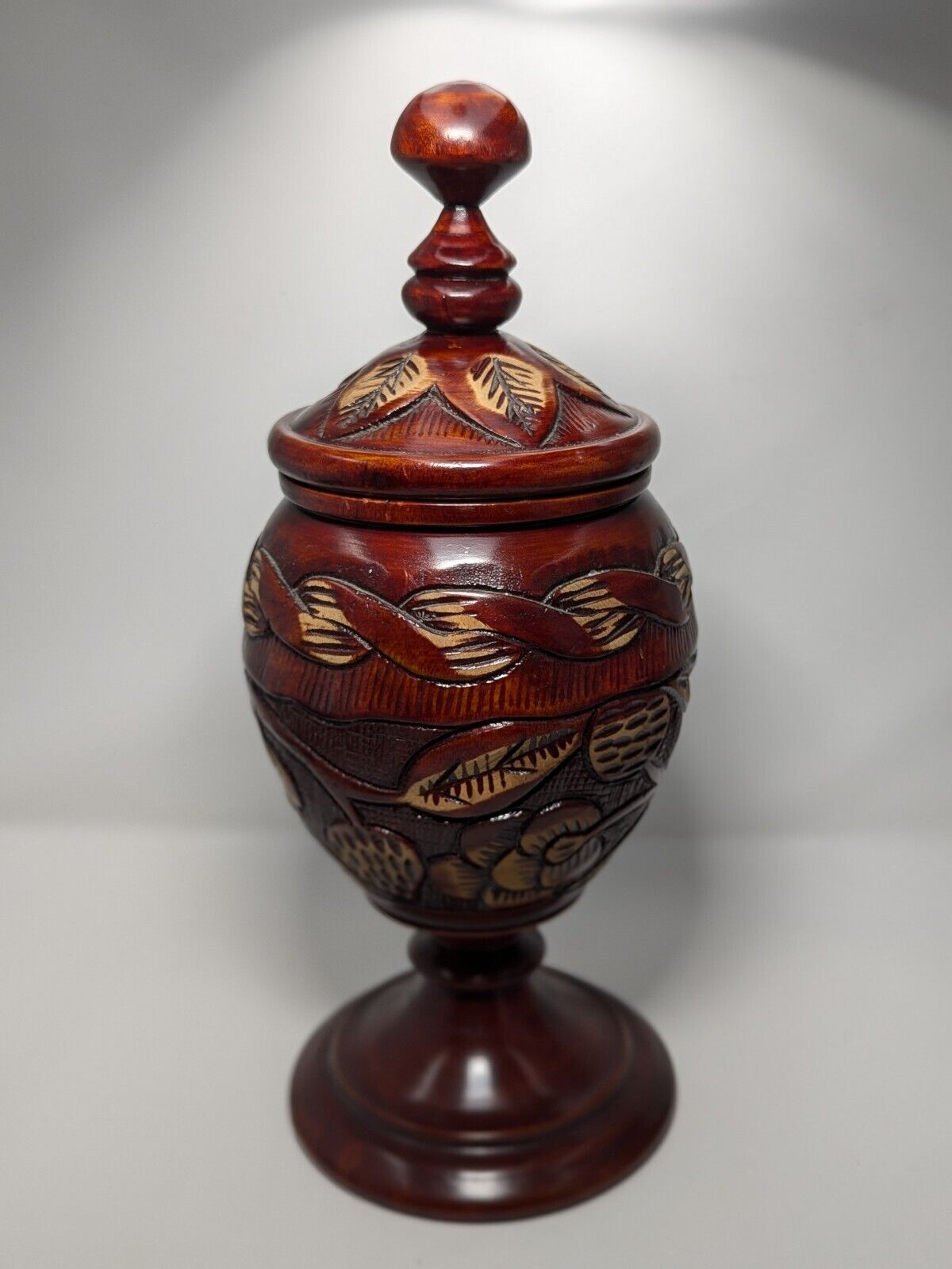 Vintage Arts and Crafts Hand Carved Wooden Lidded Vessel 17