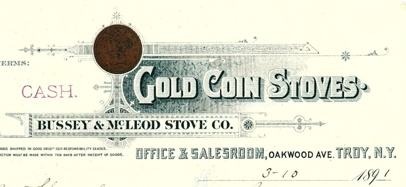 1891 TROY NY BUSSEY & McLEOD STOVE CO GOLD COIN STOVES BILLHEAD RECEIPT Z4073
