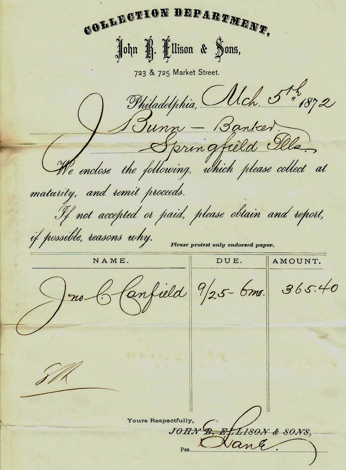 RARE “19th Century Financier” Jacob Bunn Hand Hand Signed Note Dated 1872