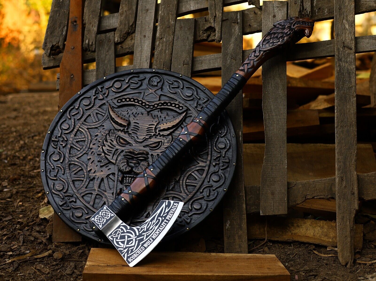 Legendary Norse Wolf head Engraved Axe & Shield Set Hand Forged Carbon Steel Axe