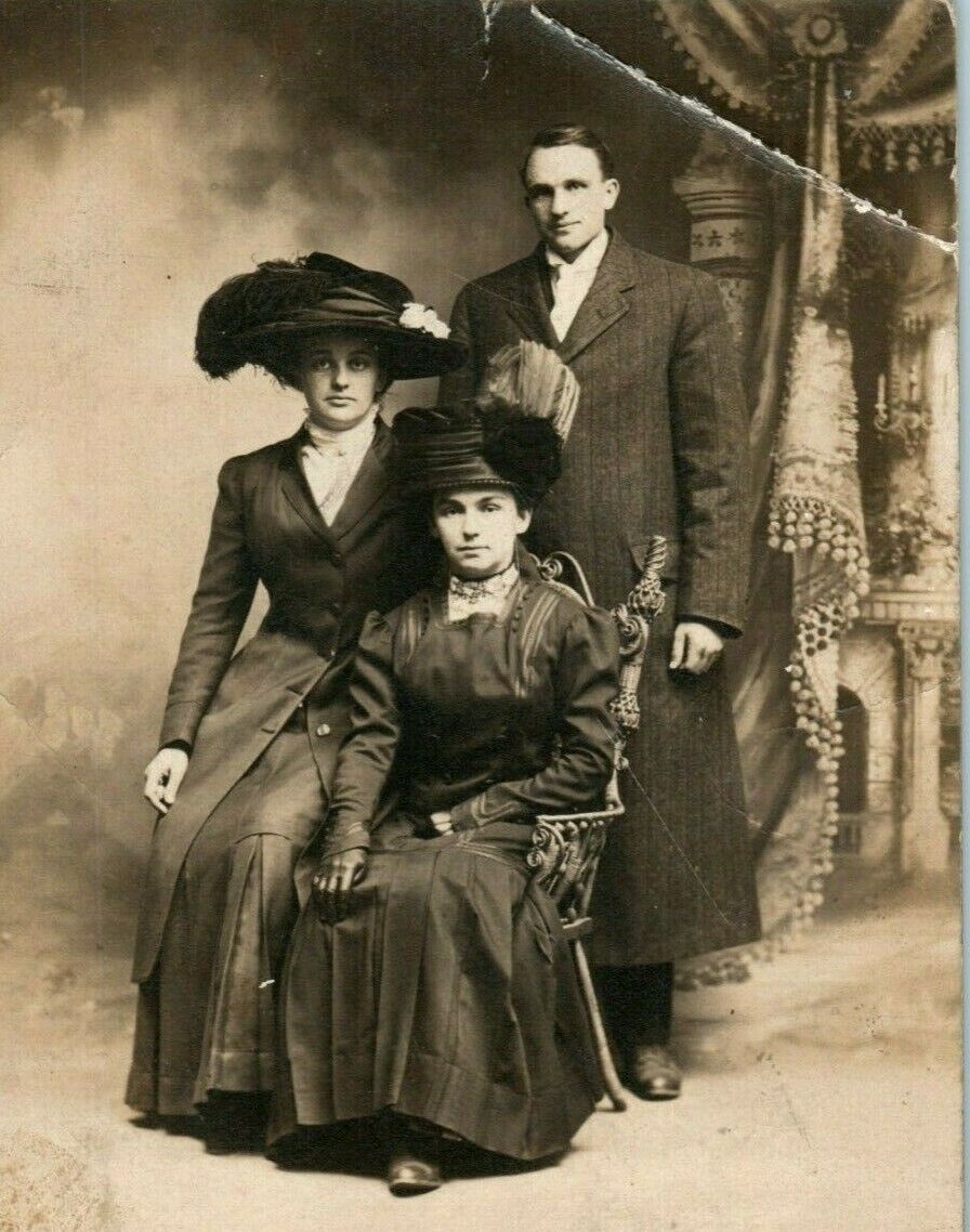 c1910 Two Victorian Women and Men in Hats Studio Portrait RPPC Photo Postcard