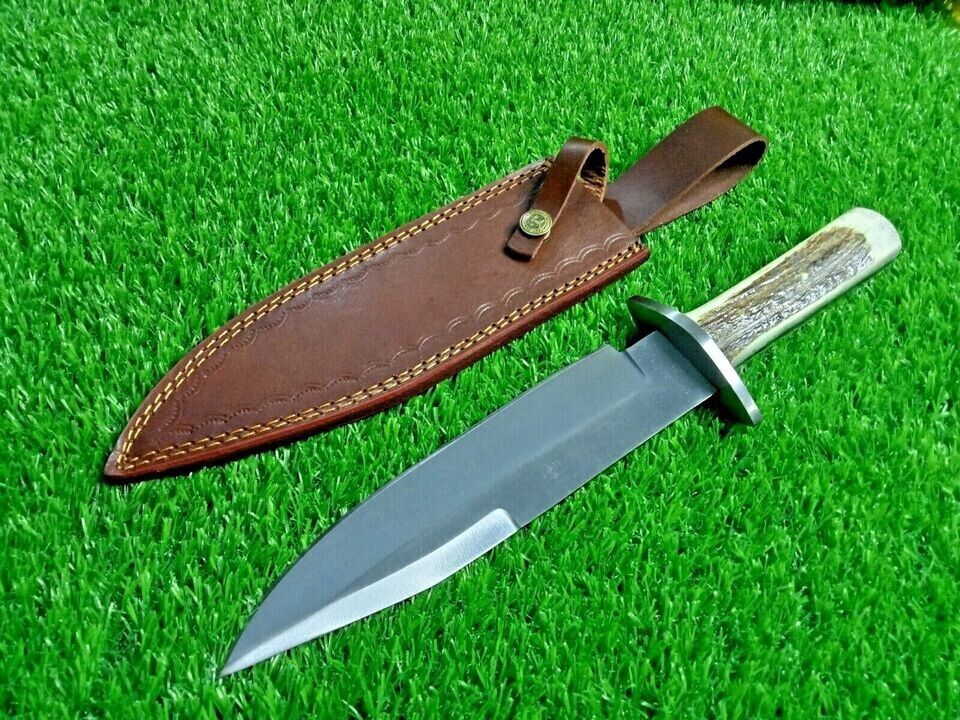 Custom Handmade Hunting Bowie Knife D2 Steel Full Tang Stag Antler & L/sheath