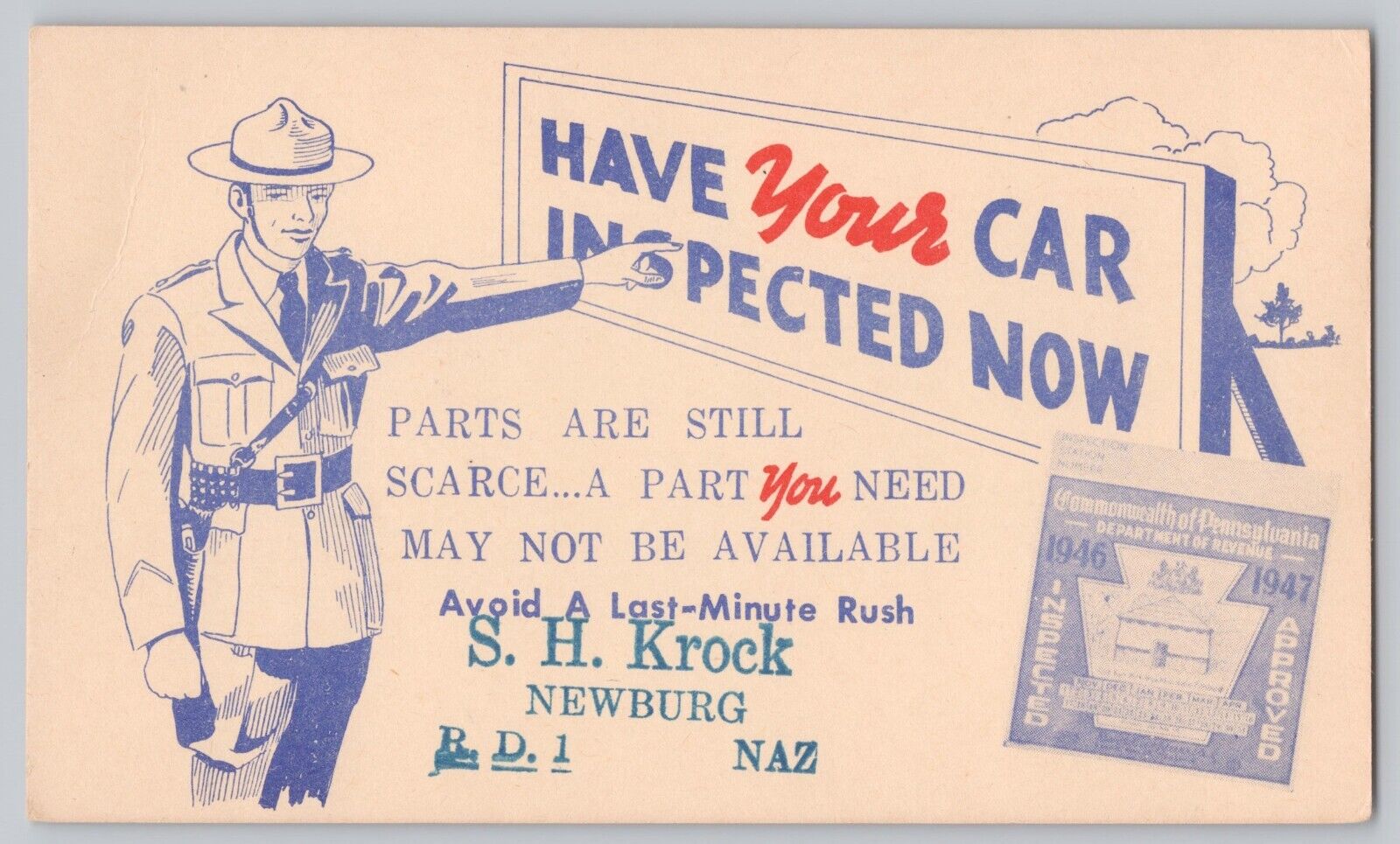 Newburg PA 1946 Advertisement Postcard Postal Card SK Krock Service Station