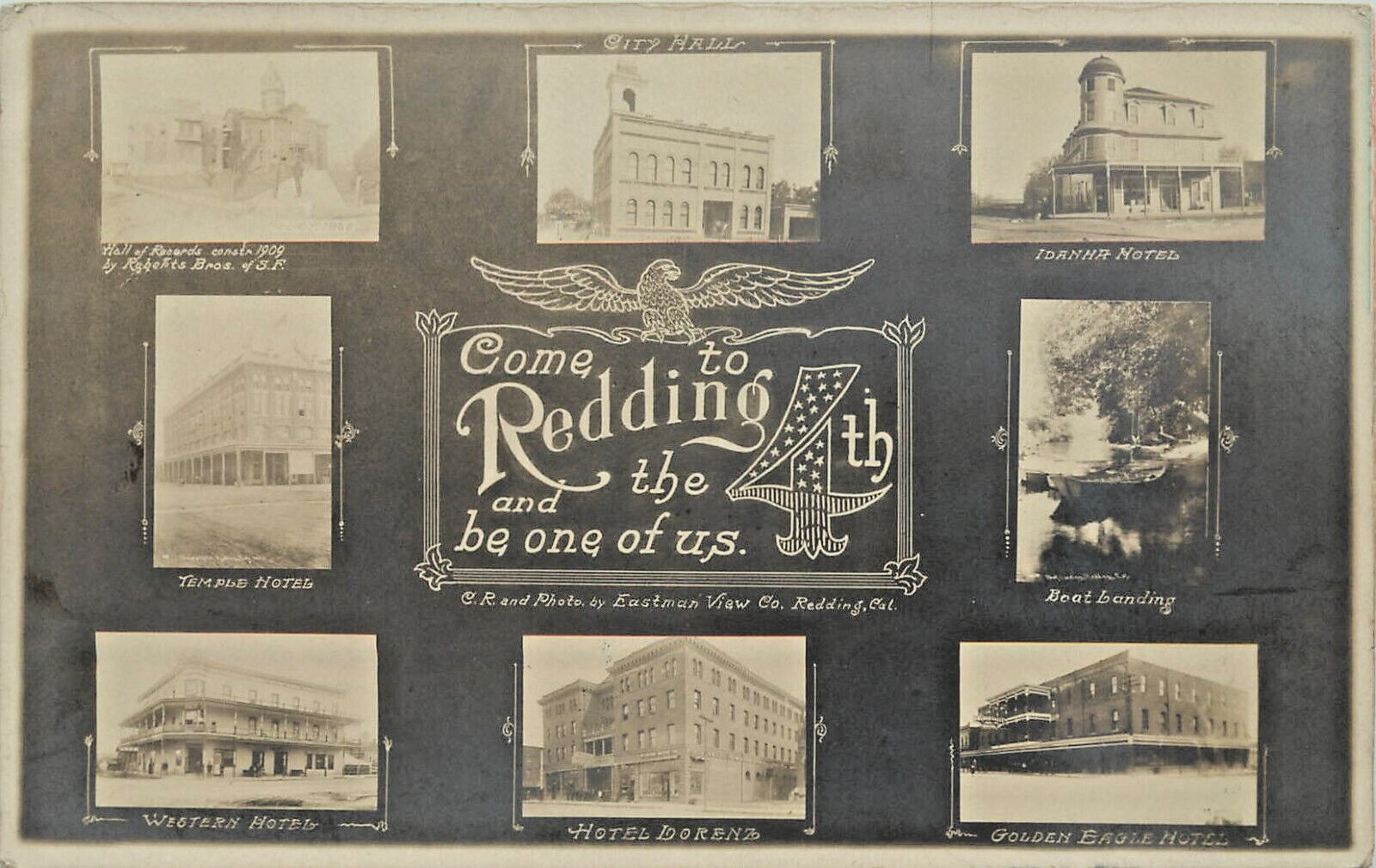 Multiview RPPC Come to Redding CA 4th of July Be one of Us, Hotels & City Bldgs.