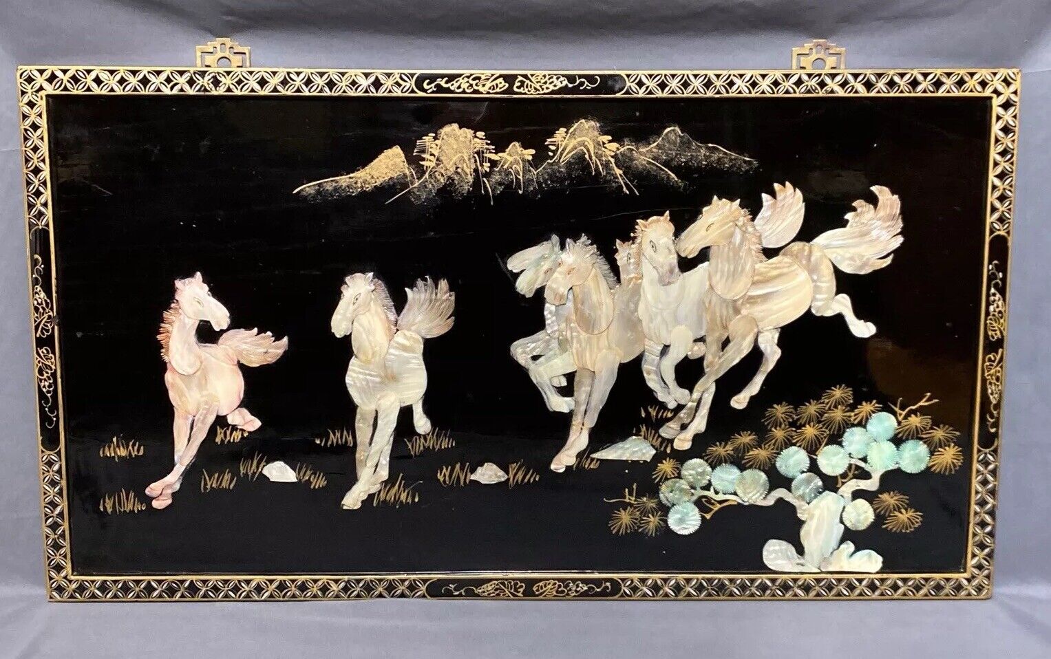 Vintage Asian Black Lacquer Wall Panel Raised Mother of Pearl Horses Hand Carved
