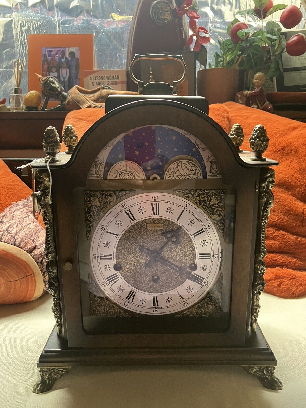 Antique Hamilton Mantle Brass/Moon Clock - Working
