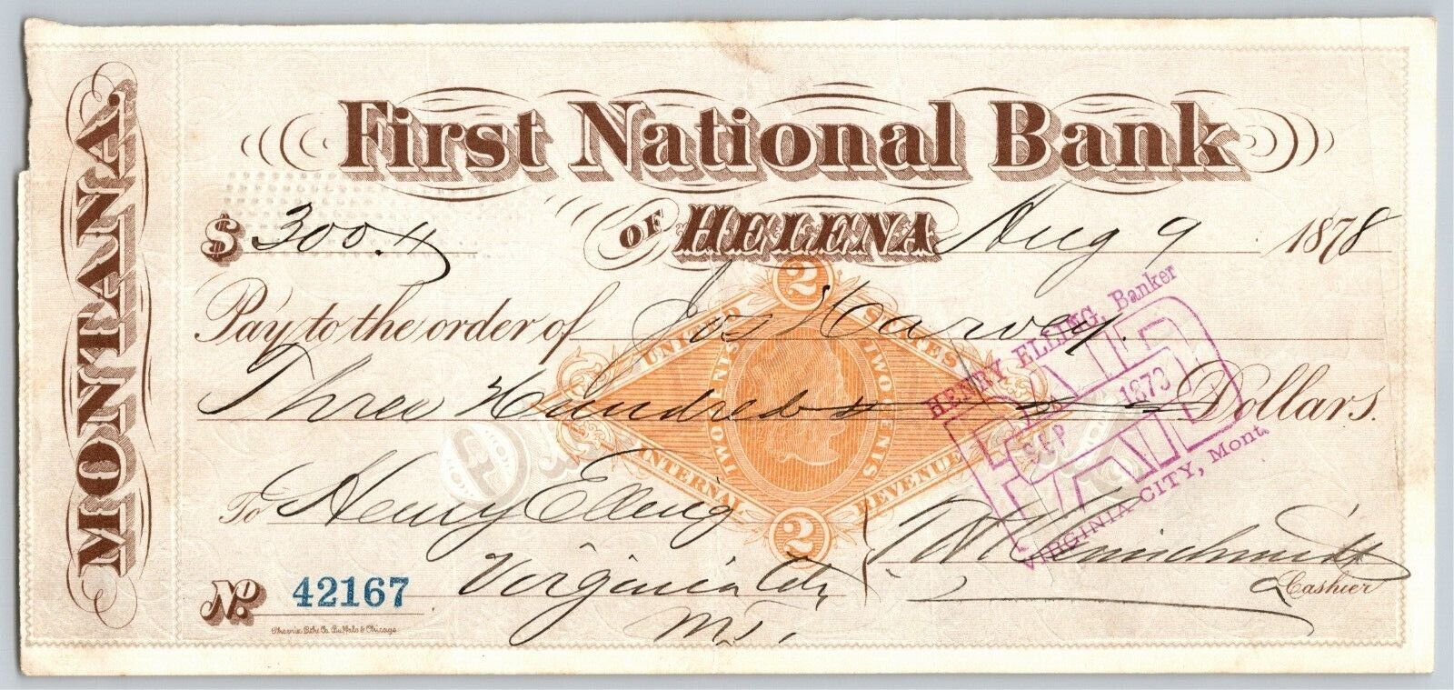 First National Bank of Helena, MT 1878 w/ Revenue Stamp Underprint - VGC 