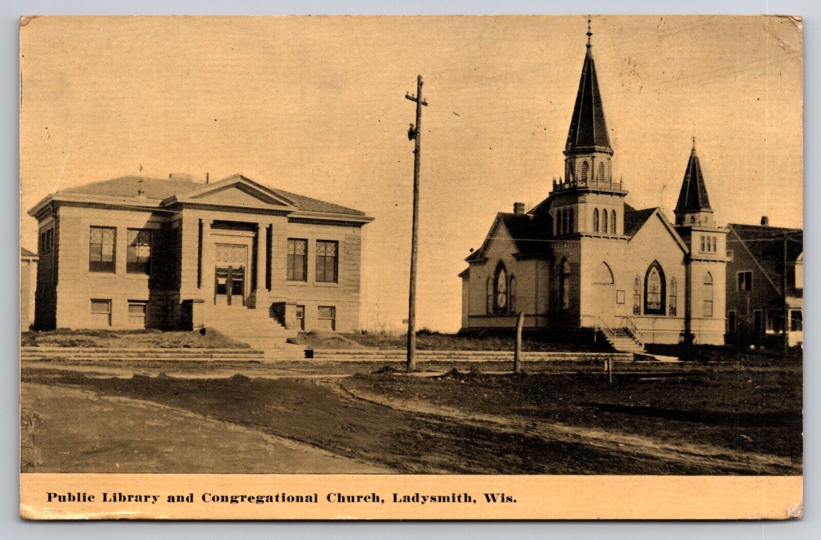 Public Library Congregational Church Ladysmith Wisconsin c1910 Postcard