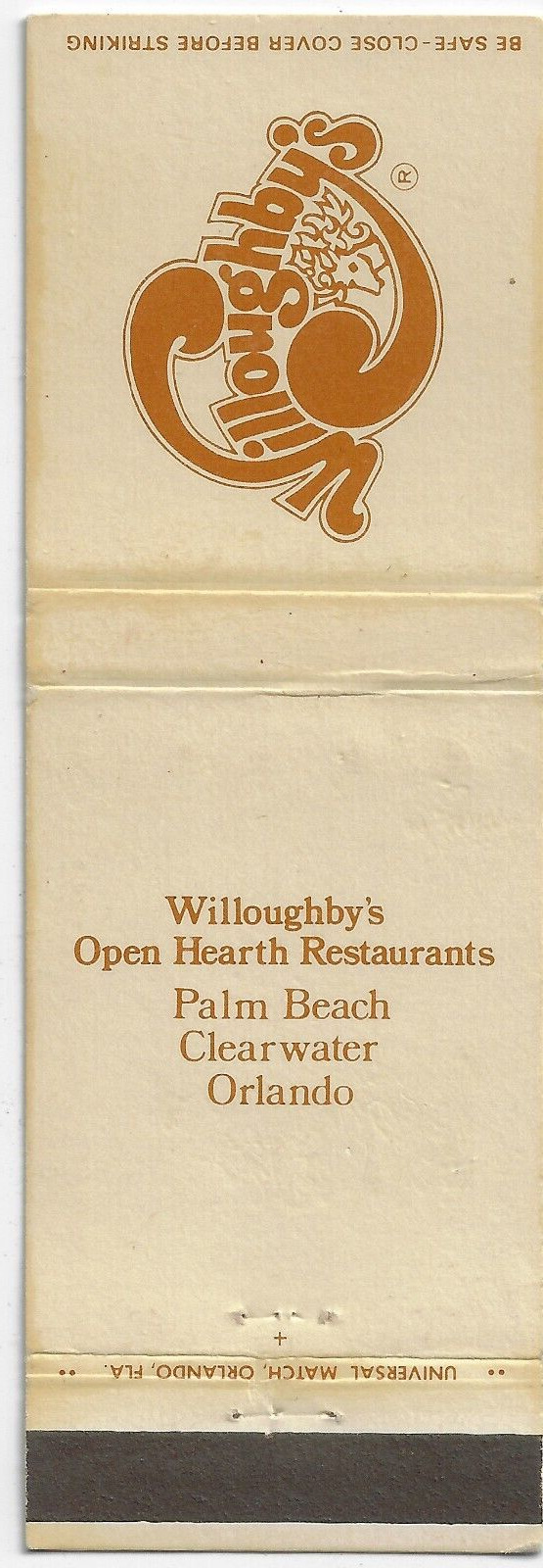 Willoughby\'s Open Hearth Restaurants Palm Beach Florida FS Empty Matchbook Cover