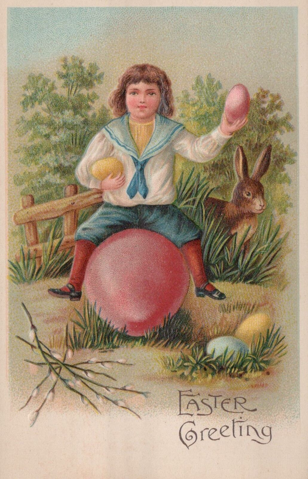Postcard Easter Little Boy in Sailor Suit Sitting on a Pink Egg 