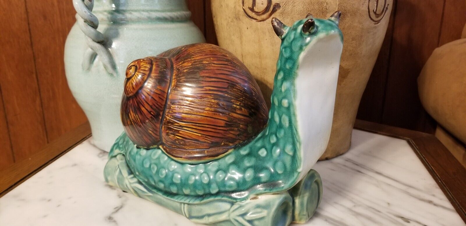 Vntg Large Ceramic 4 Horned Bumpy Snail On Bamboo Rare MCM Monster Snail Figure