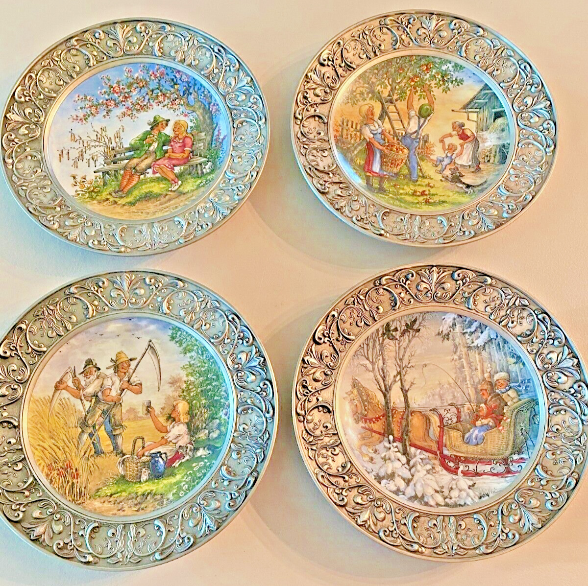 German Pewter Porcelain decor plates Vintage Four Seasons BMF w 95% Zinn