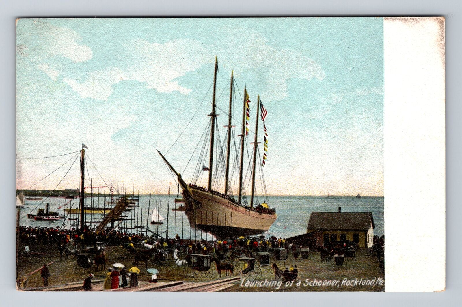 Rockland ME-Maine, Scenic Launching of a Schooner, Antique Vintage Postcard
