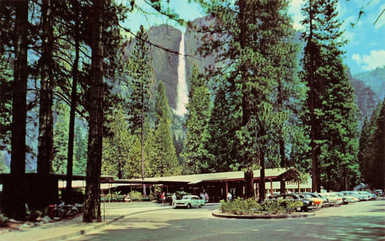 Postcard Entrance to Yosemite Lodge & Upper Yosemite Falls, Yosemite NP CA