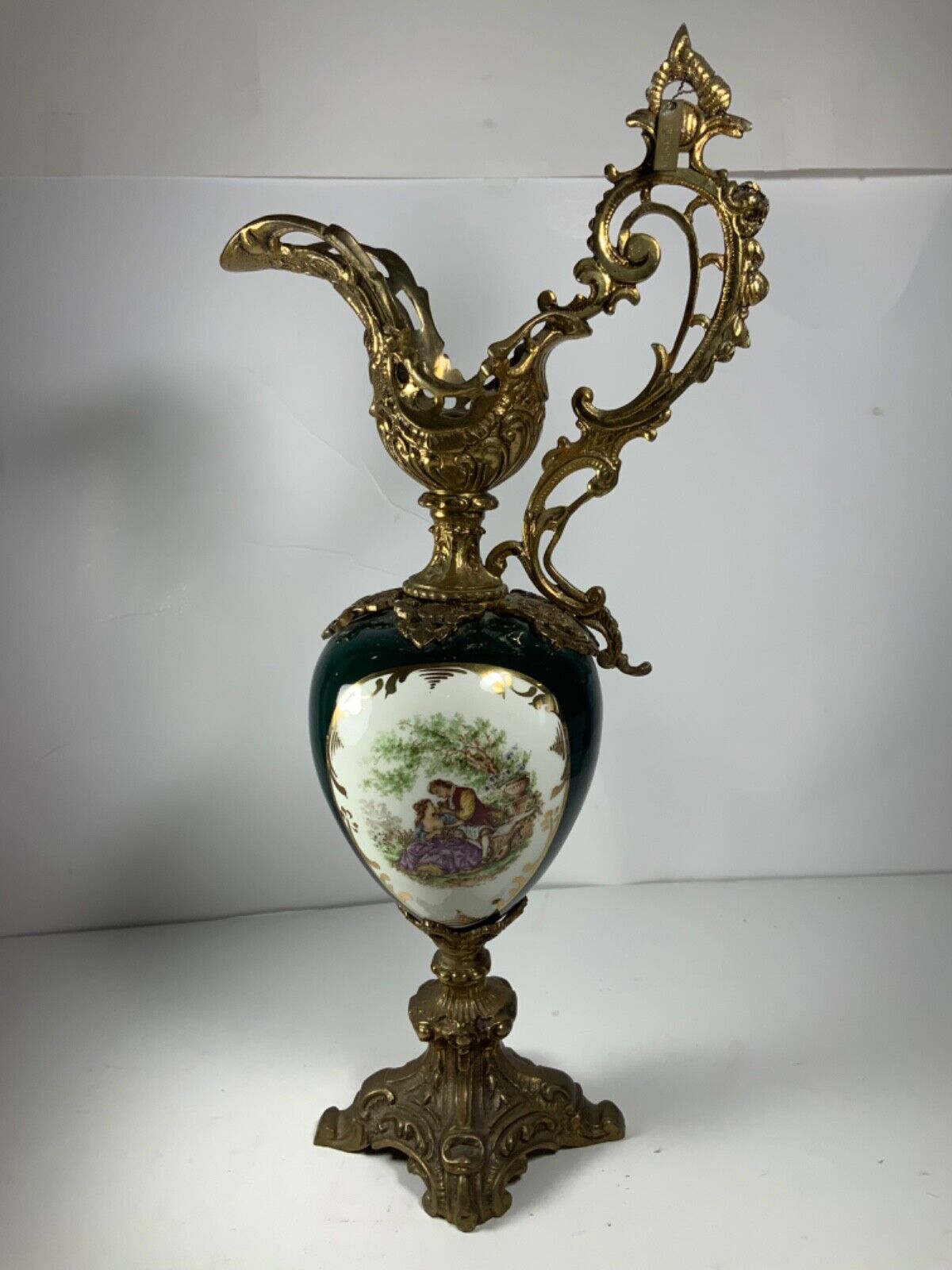 Antique Wavecrest Brass & Green Porcelain Mantle Ewer 16.5 in. Made In Spain