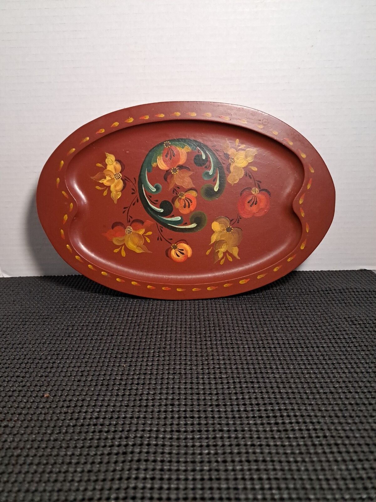 Vintage Footed Wooden Tray Trinket Rosemaling Signed Fall Colors